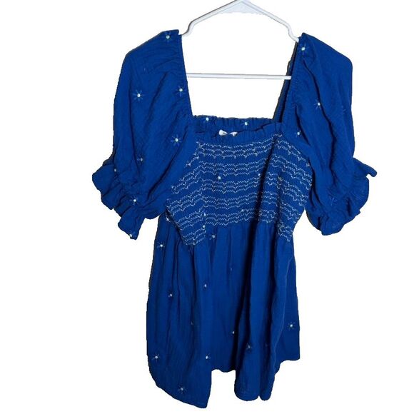 Chic Soul Blouse Women's 2X Blue Smocked Short Sleeve Embroidered Top Shirt - Picture 1 of 8